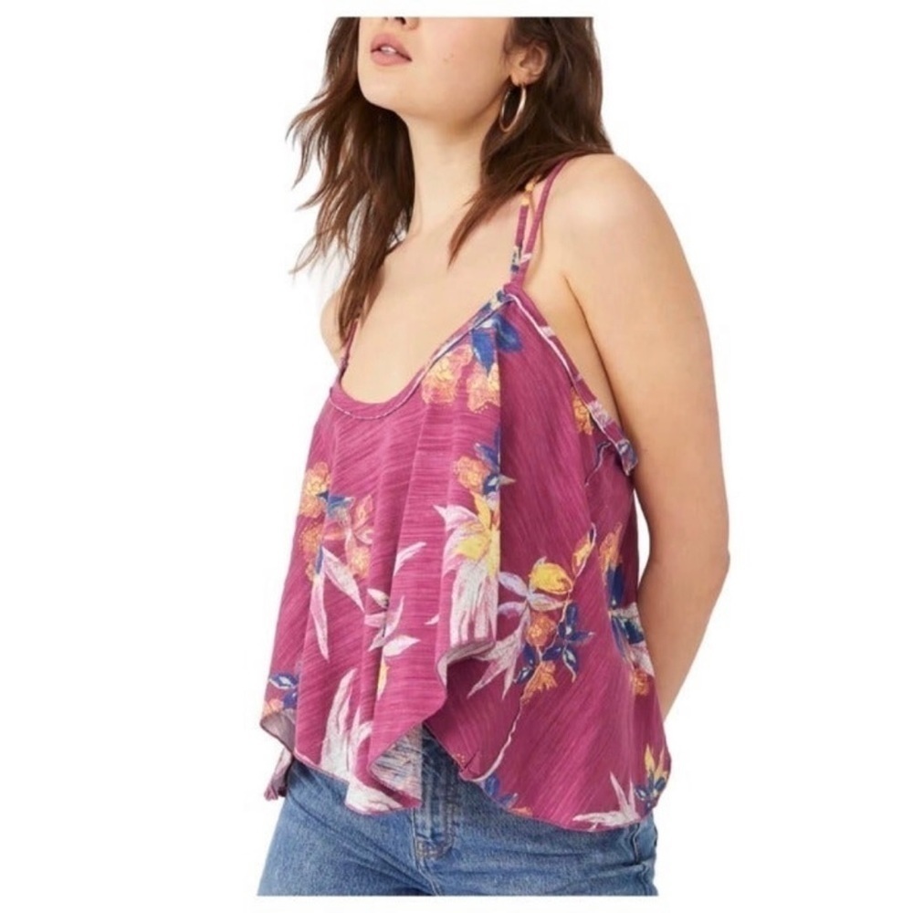 Free People Magenta Floral Ruffle Tank Top